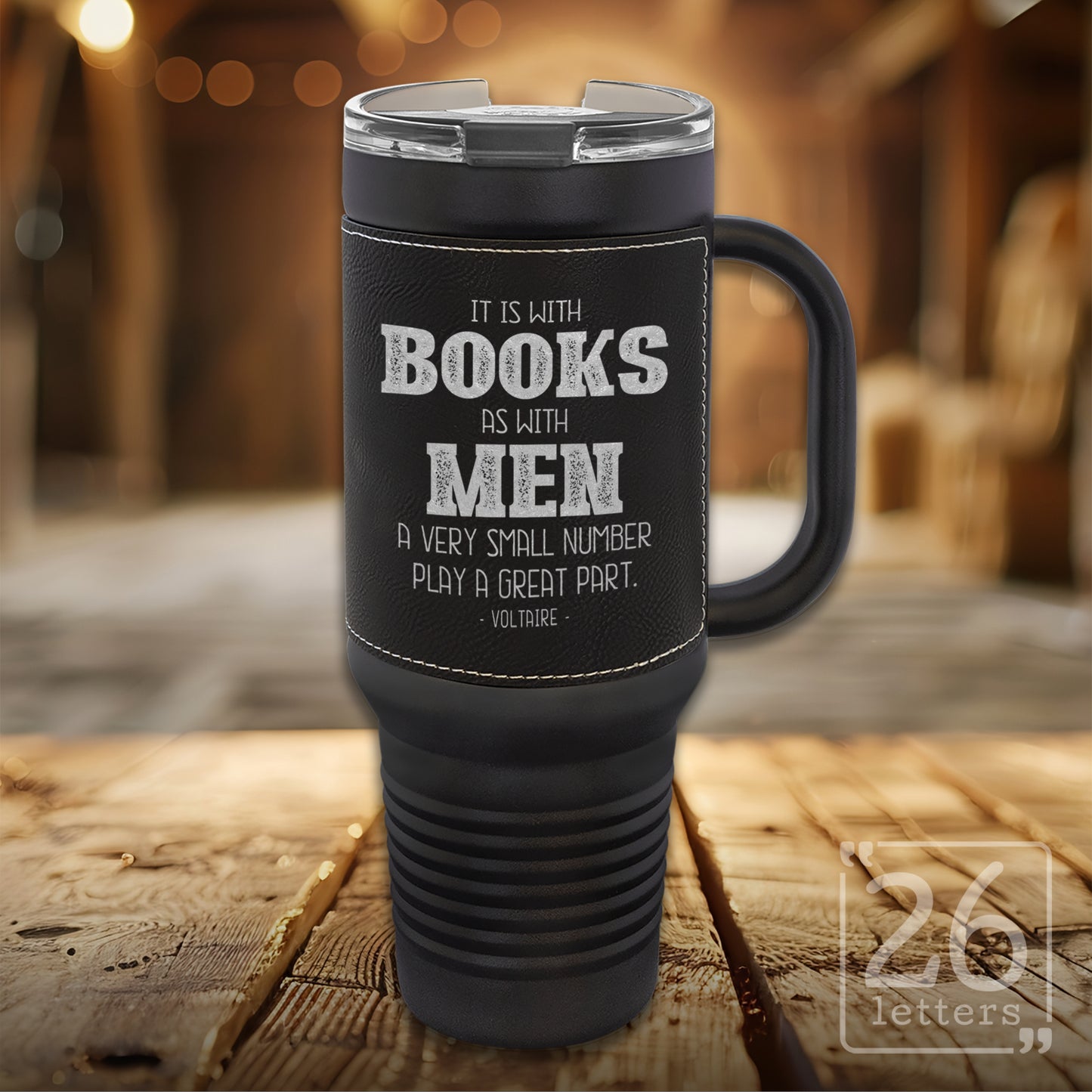 Books & Men ~ Leatherette & Black 40 oz Travel Mug