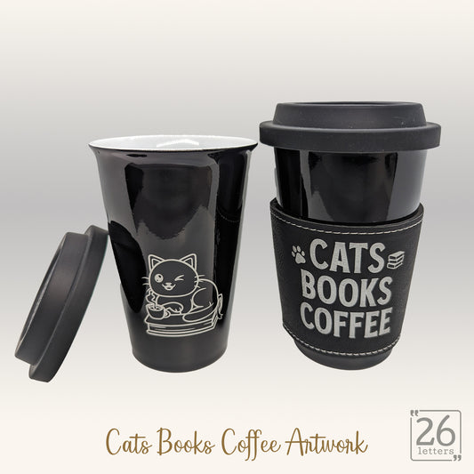 Cats, Books, Coffee - Latte Mug with leatherette sleeve