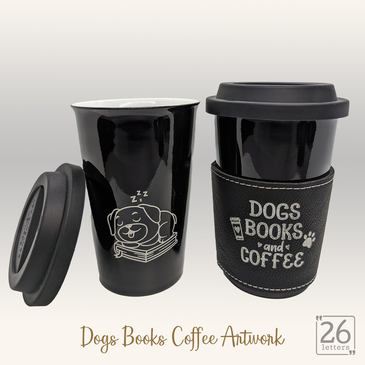 Dogs, Books, Coffee - Latte Mug with leatherette sleeve