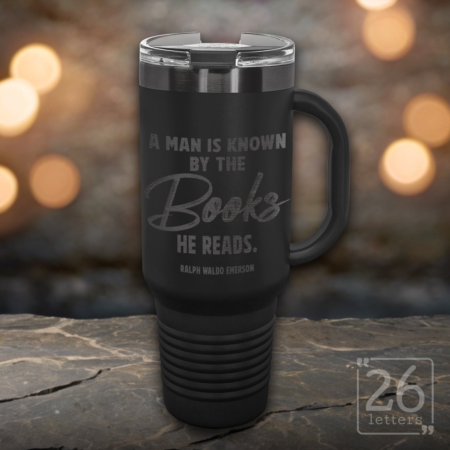 A Man is Known By the Books He Reads - 40 oz ghost black travel mug