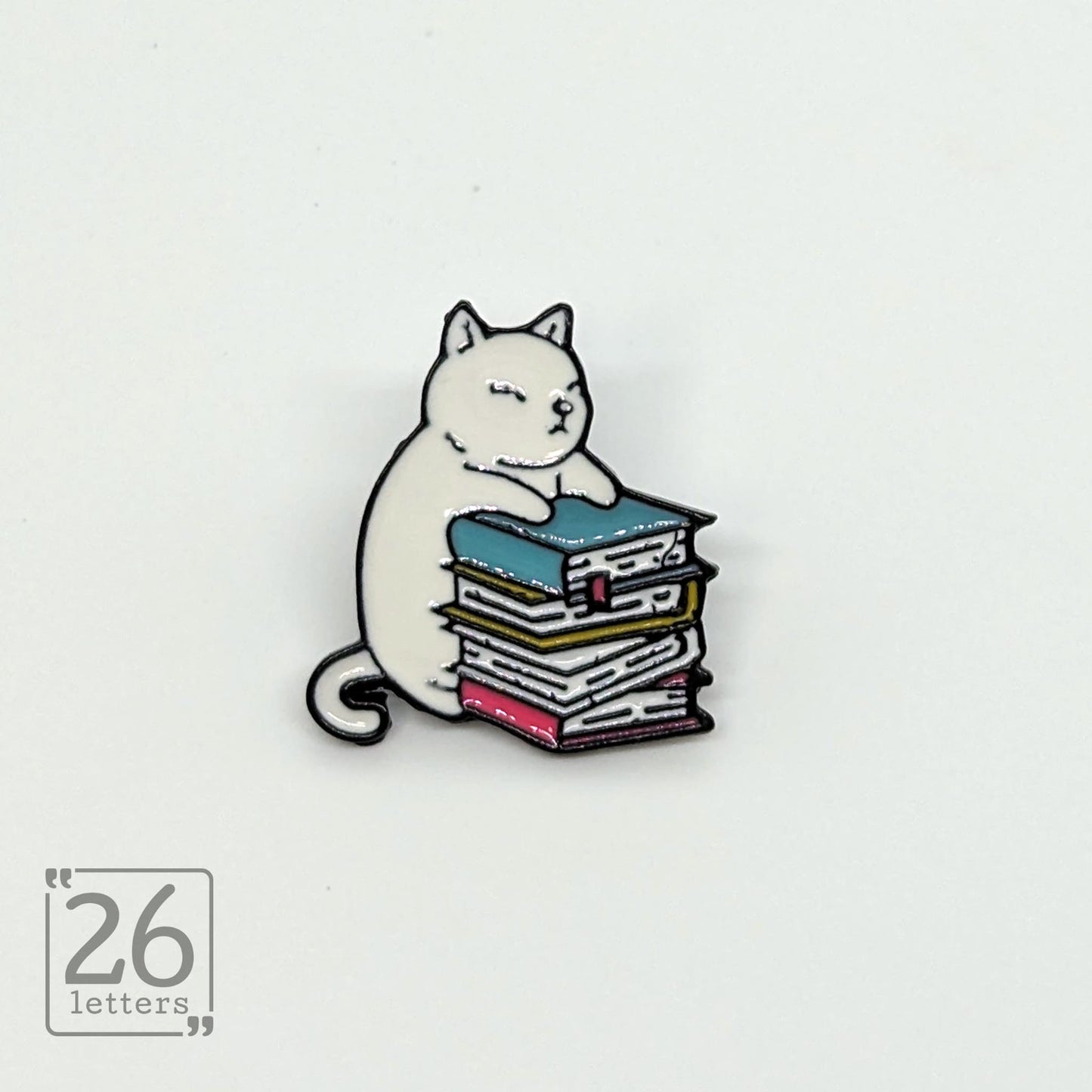 White Cat With Stack Of Books Enamel Pin