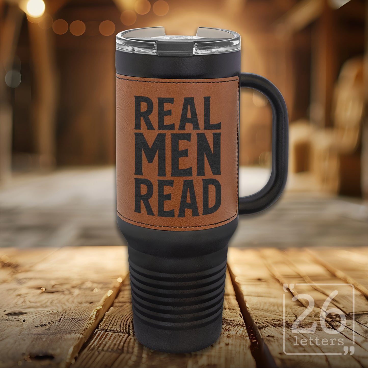 Real Men Read ~ Leatherette & Black 40 oz Travel Mug